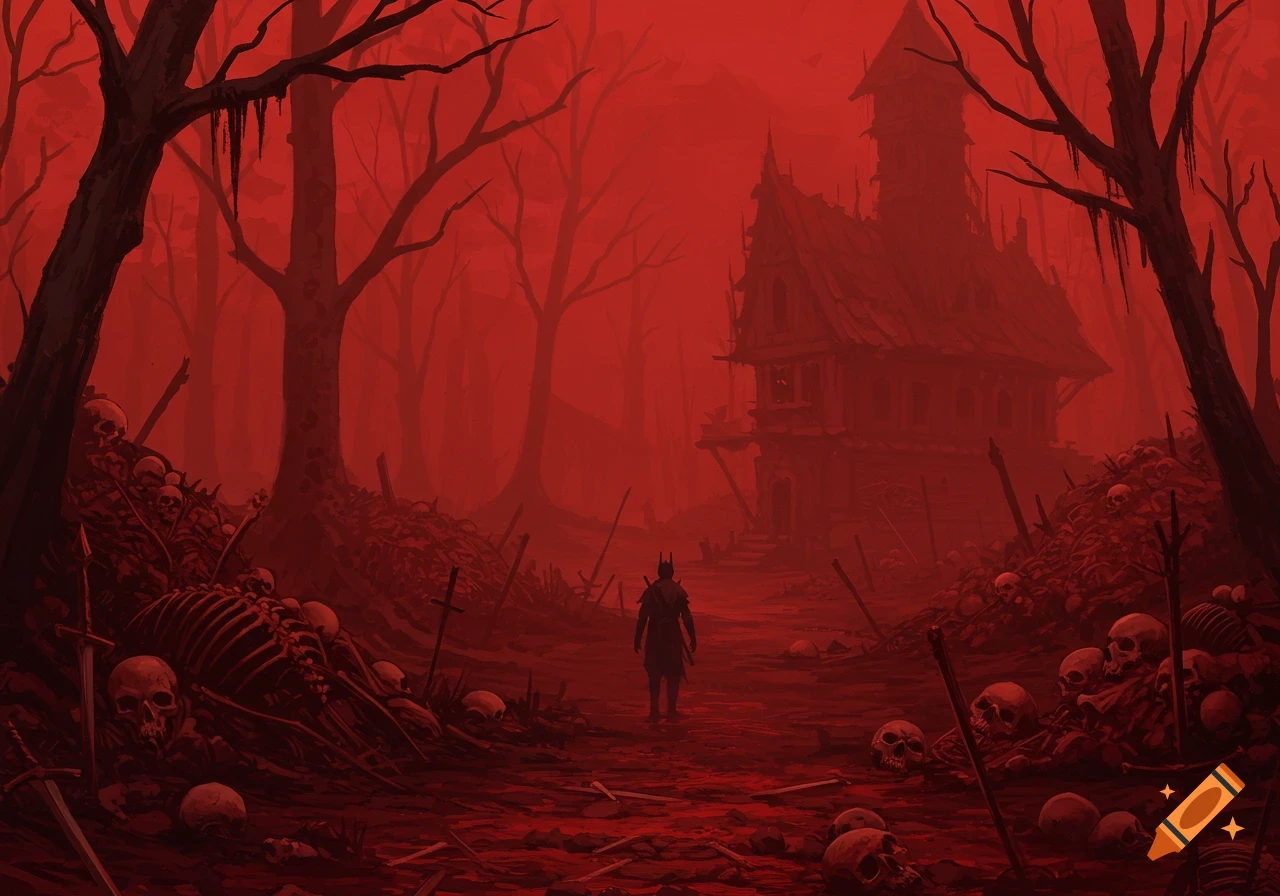 A figure walks towards a haunted house in a desolate, red-toned forest filled with skeletons and swords.