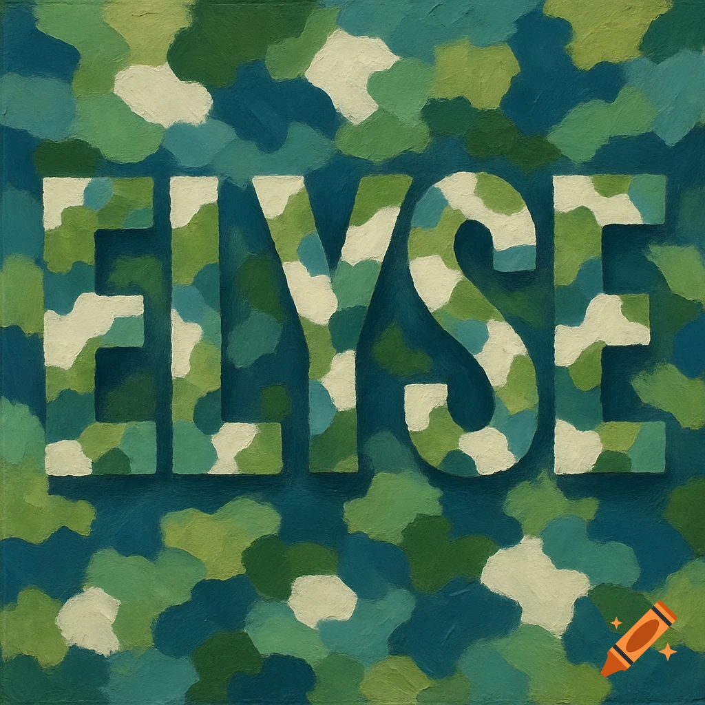 The name ELYSE in white, green, and blue camouflage pattern.