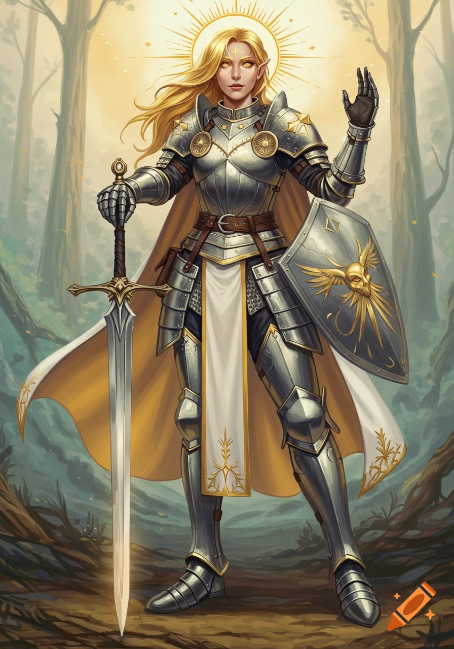A blonde female elf paladin in full plate armor, holding a sword and shield in a sunlit forest.