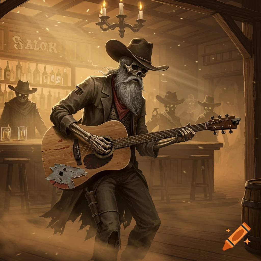 A skeleton in a cowboy hat and coat plays a guitar in a dusty wild west bar.