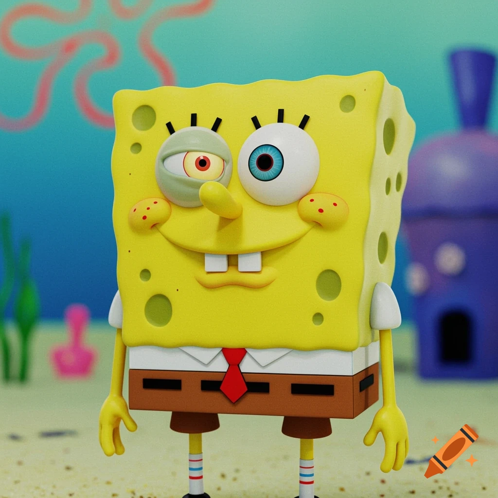 3D render of Spongebob with one normal eye and one green Plankton eye.