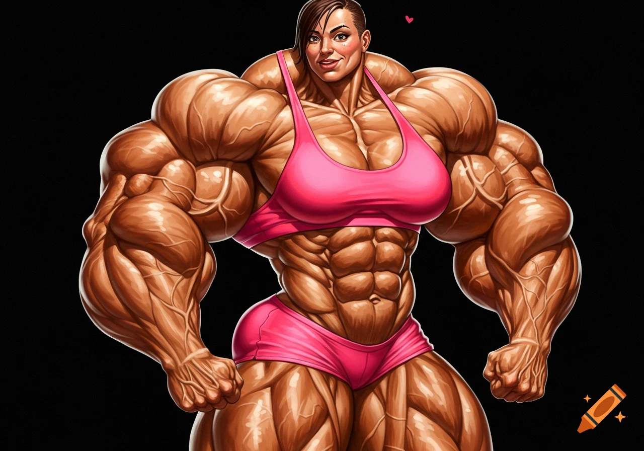 A woman with huge muscles wearing a pink sports bra and shorts.