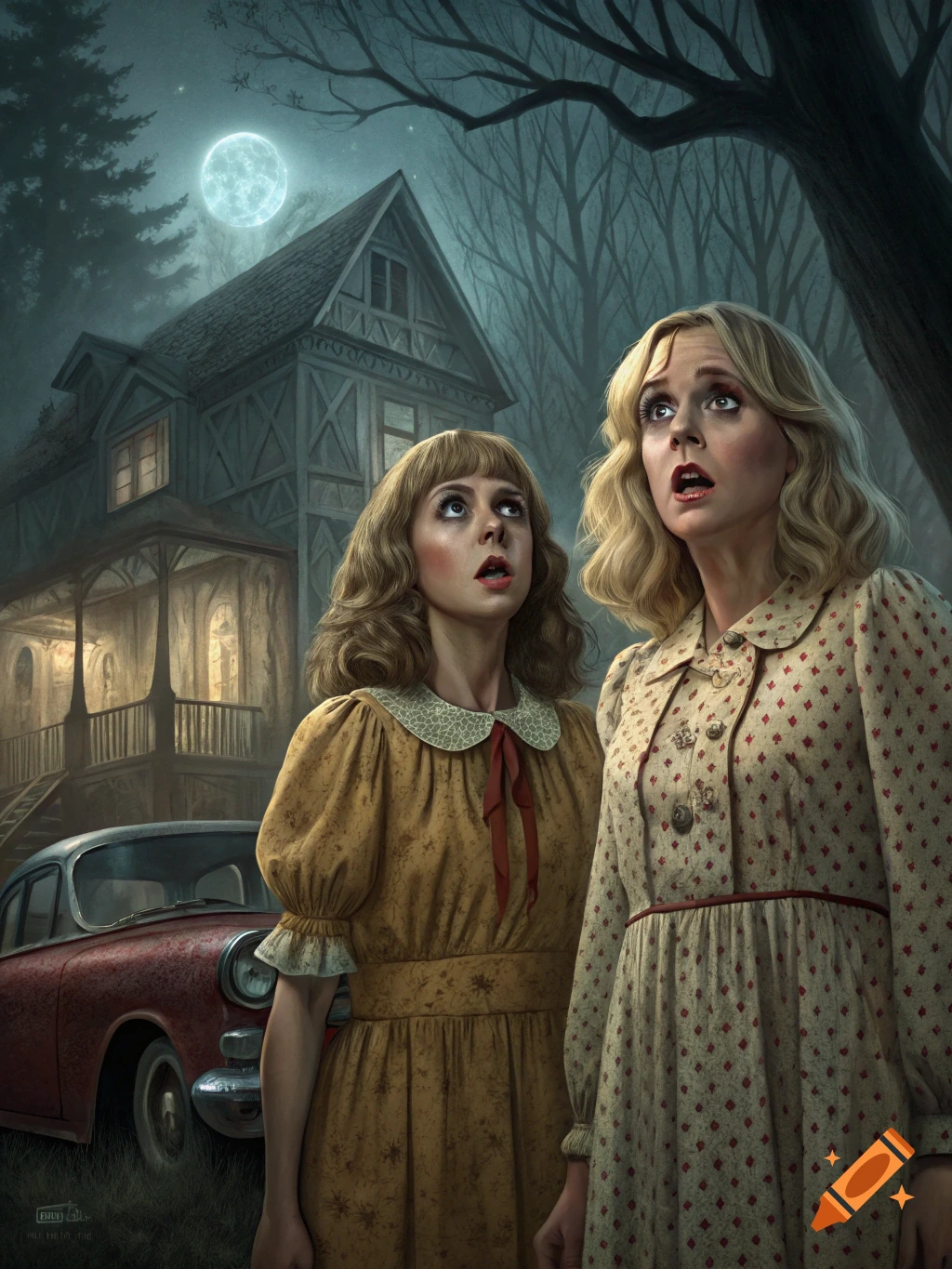Two women look scared at night in front of a spooky house and vintage car.