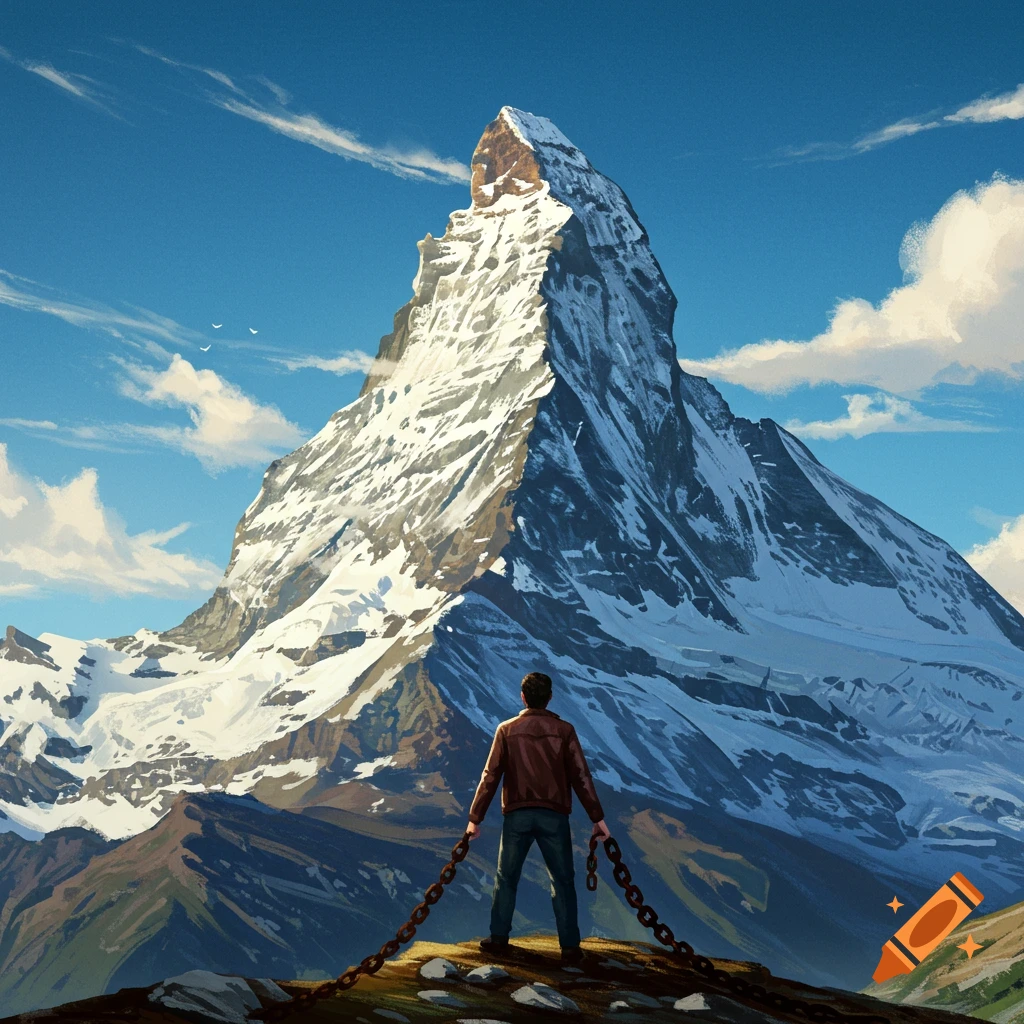 A man stands at the foot of a huge snowy mountain holding chains.