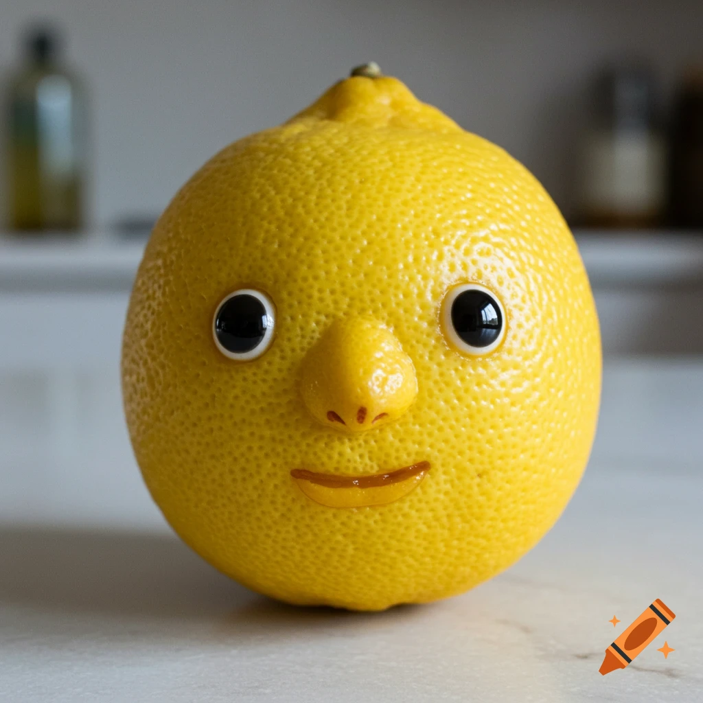 A close-up photo of a lemon with googly eyes, nose, and mouth added to make a face.