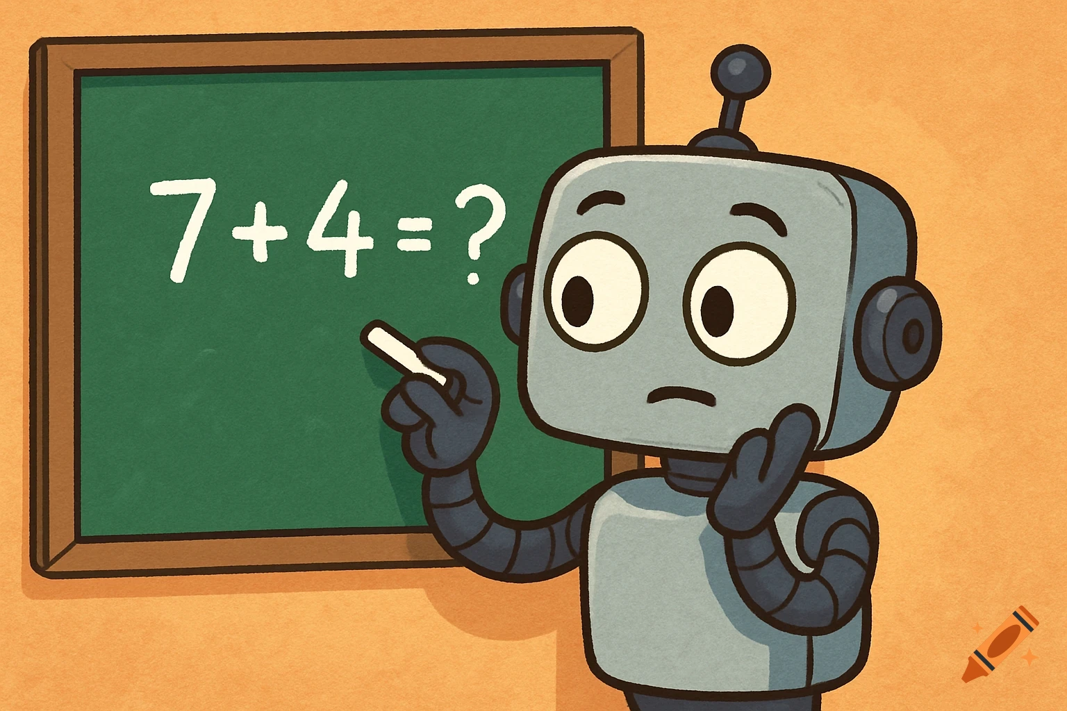 A cartoon robot stands at a green chalkboard with '7+4=?' written on it, holding chalk.