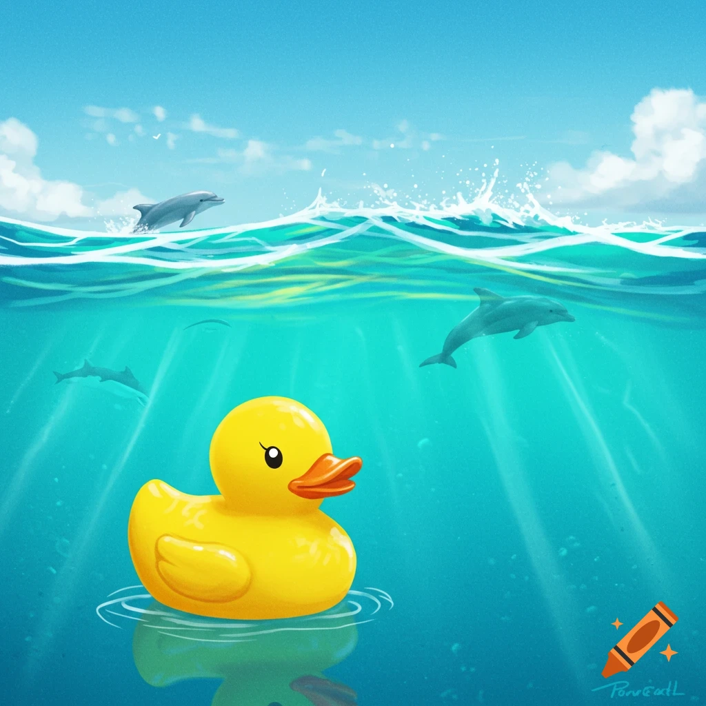 A yellow rubber duck floats on the ocean surface with dolphins swimming below.