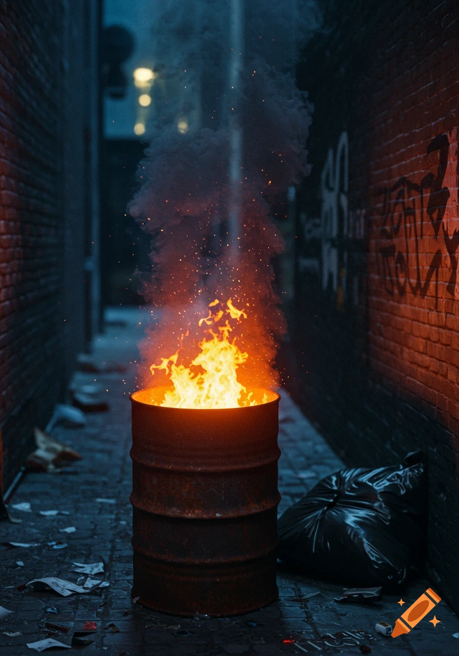 A burning barrel in a dark alley filled with trash and graffiti