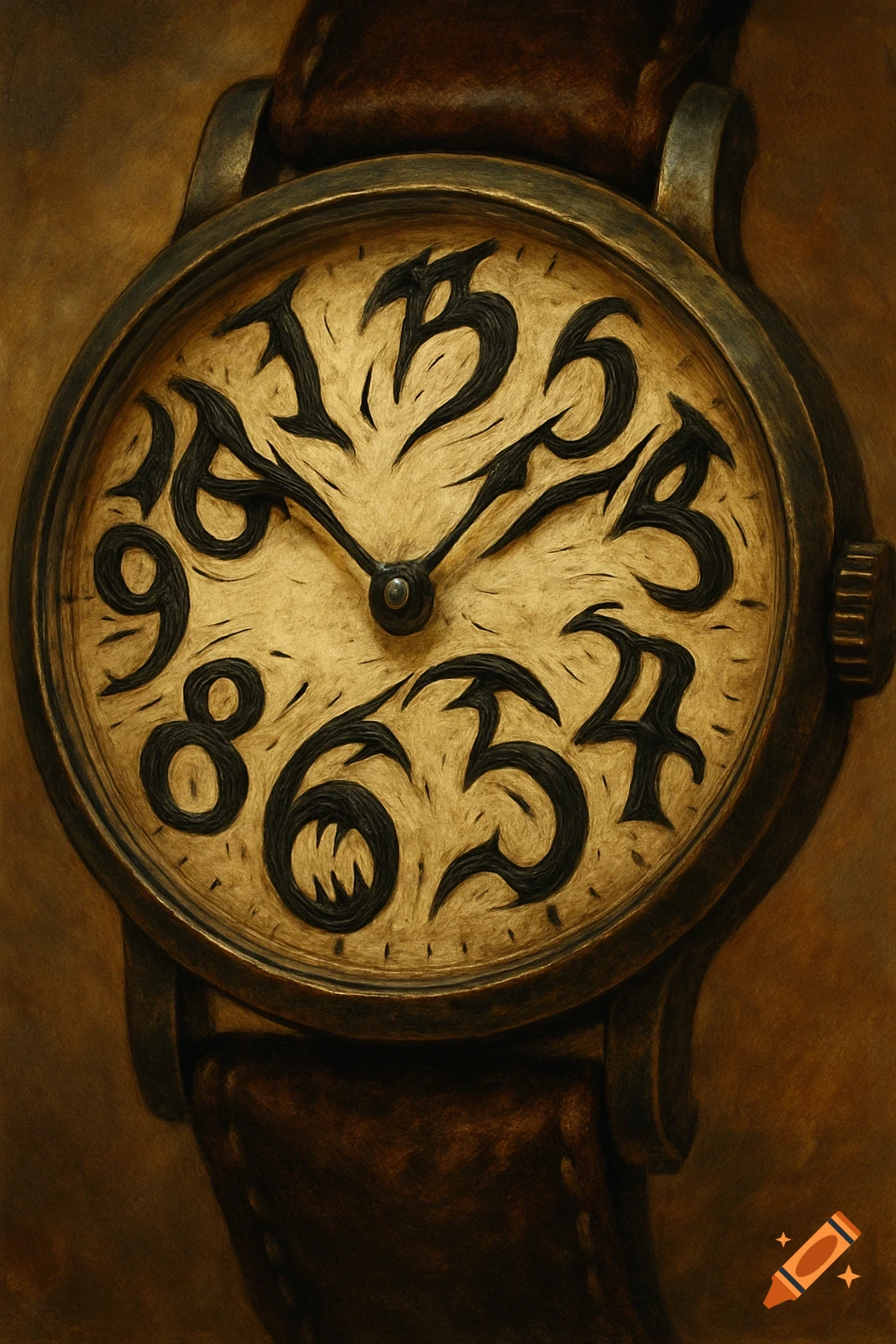 A close-up of an antique-style watch with distorted, stylized numbers on the face.