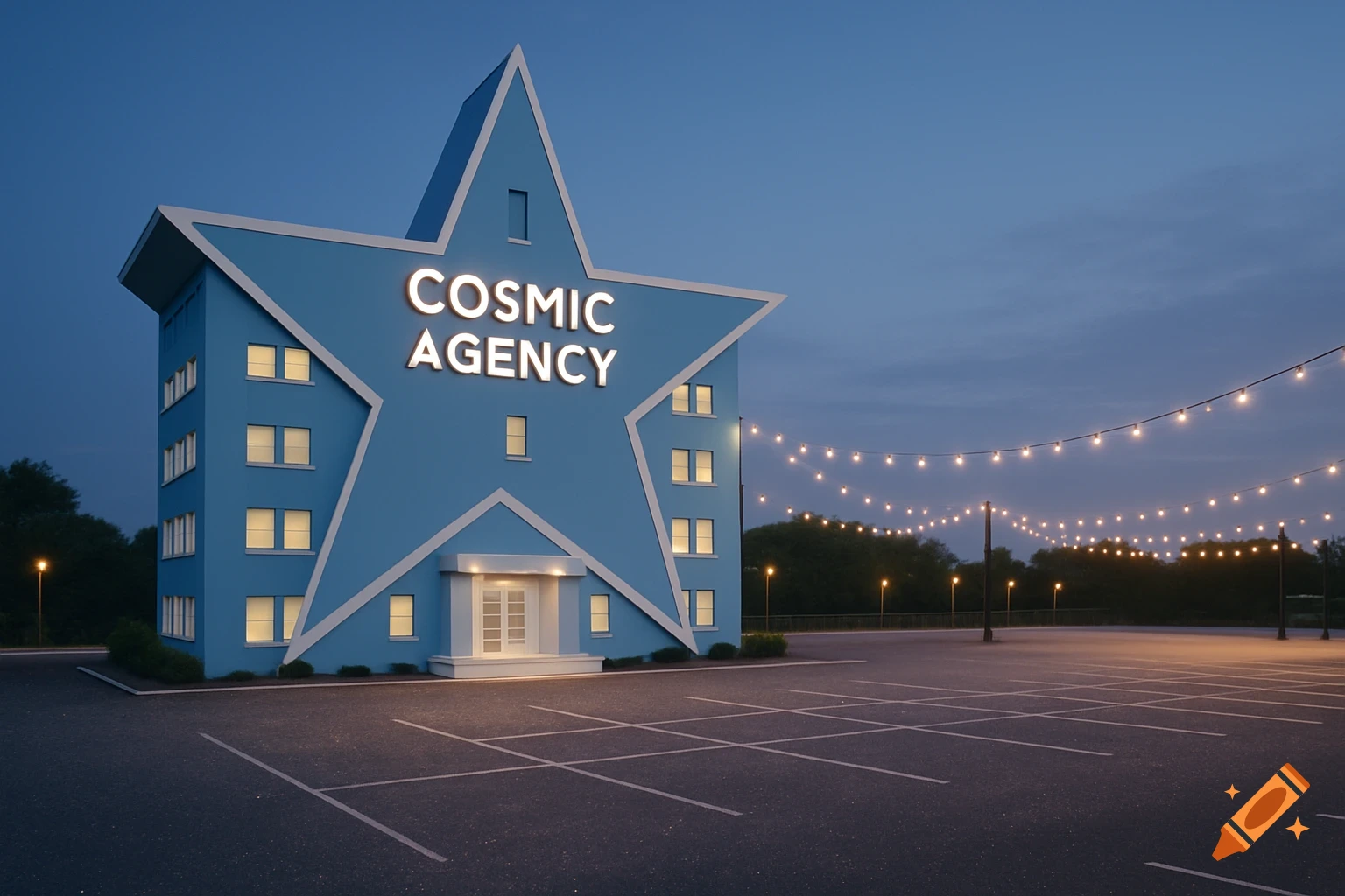 A star-shaped blue building with "COSMIC AGENCY" text sign overlooks a large parking lot illuminated by string lights at dusk.