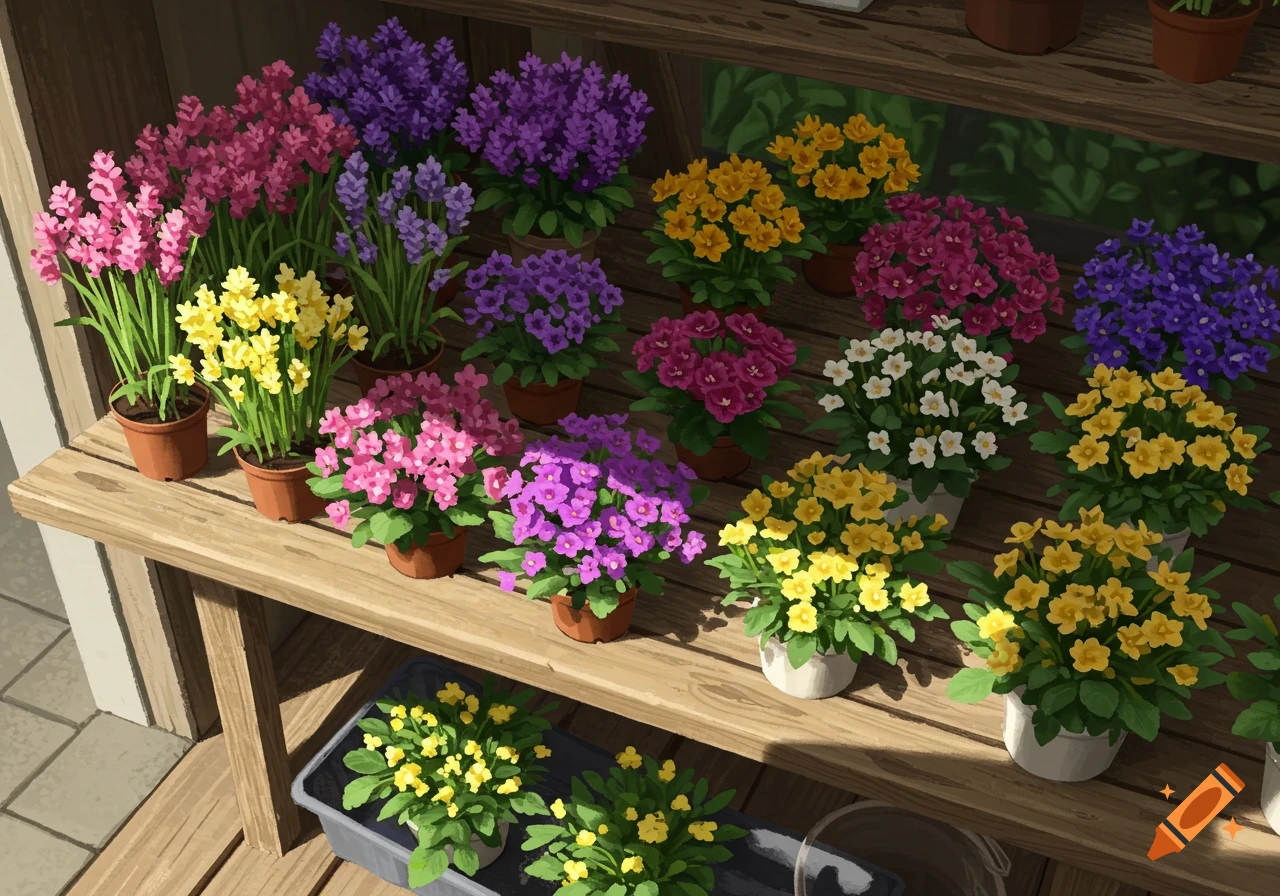Potted pink, purple, yellow, and white flowers on wooden shelves.