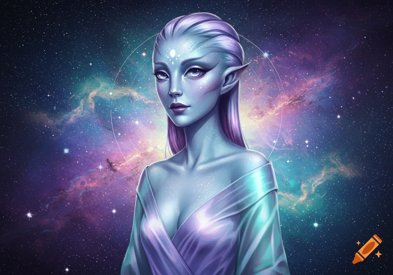 An alien woman with pale blue skin and purple hair in a shimmering robe against a galaxy background.