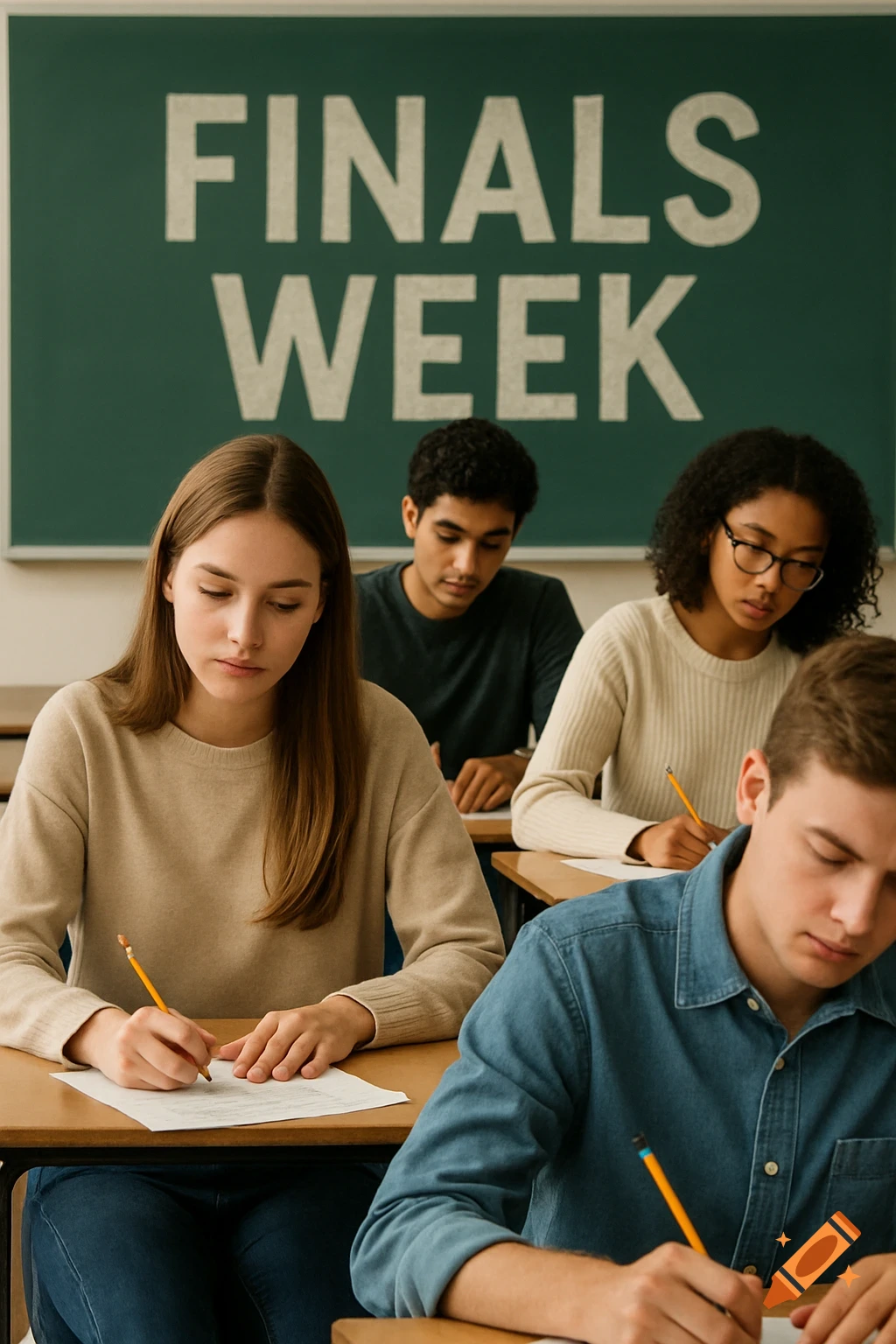 Four students sit at desks writing exams in a classroom under a chalkboard reading "FINALS WEEK".