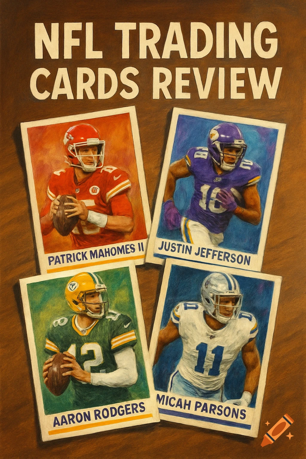 NFL trading cards featuring Patrick Mahomes II, Justin Jefferson, Aaron Rodgers, and Micah Parsons, with review title.