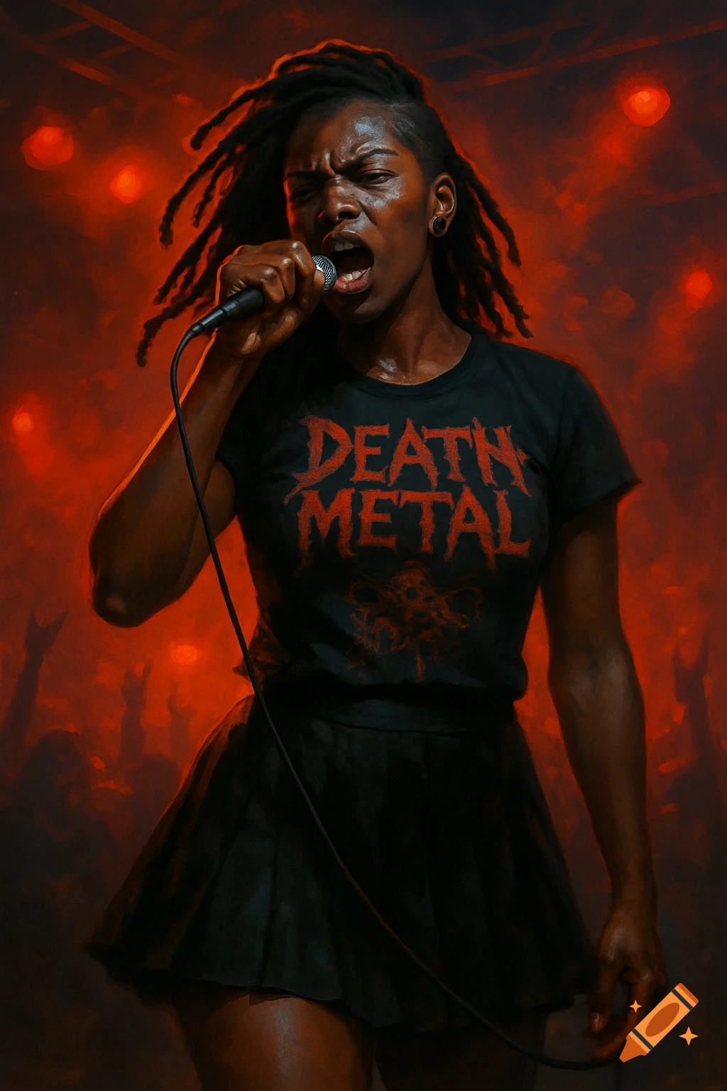 A woman is singing into a microphone on a stage. She is wearing a 'Death Metal' shirt.