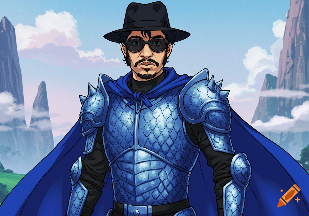 An anime illustration of a man in blue dragon armor, black fedora, and sunglasses standing in a fantasy landscape.