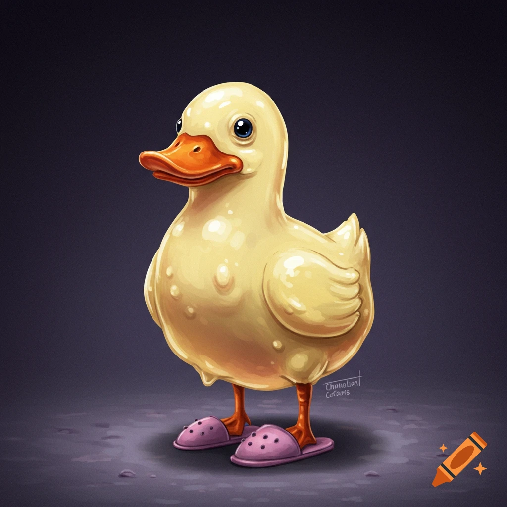 A stylized yellow duck wearing pink slippers.