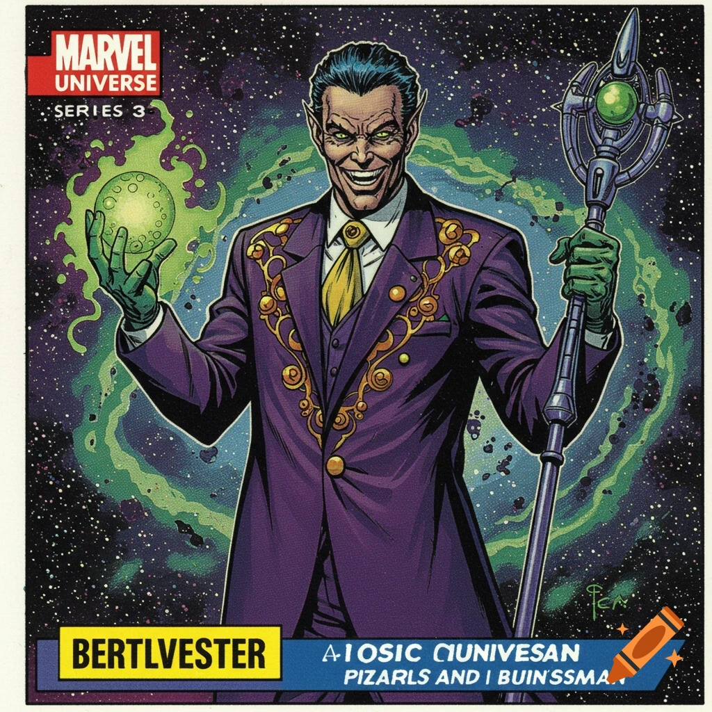A character in a purple suit holding a glowing orb and staff, in a comic book trading card style.