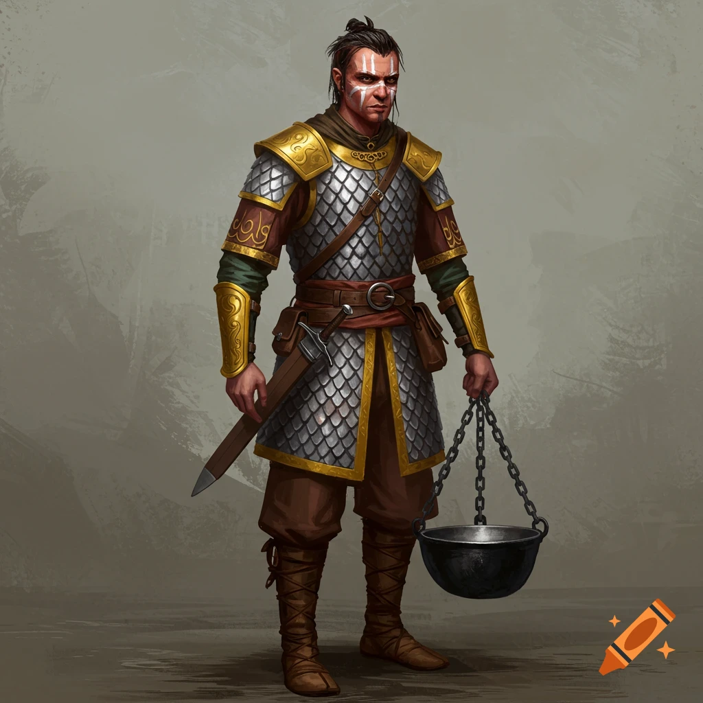 A barbarian warrior in scale armor holding a cooking pot.