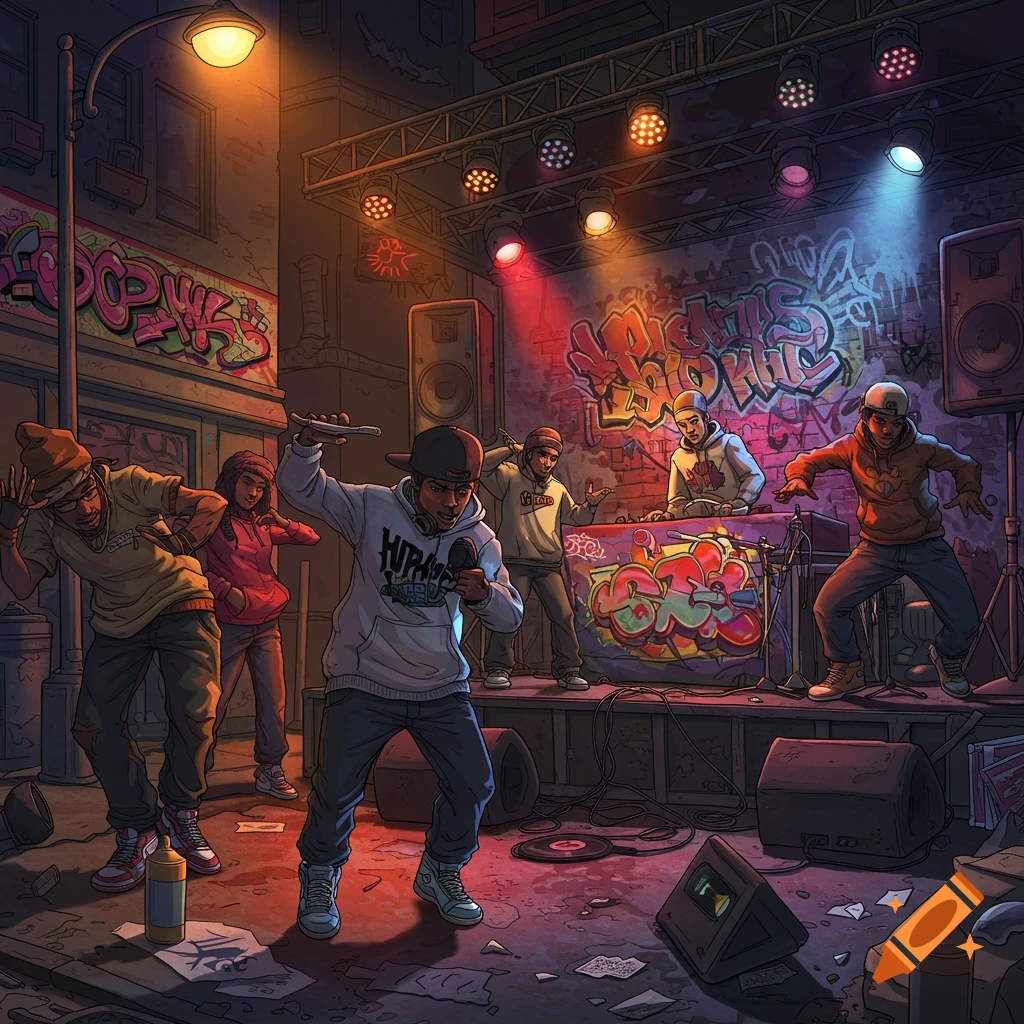A group of people performing hip-hop on a graffiti-covered outdoor stage at night.