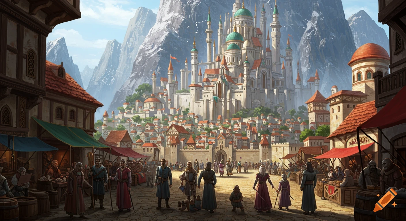 A fantasy city with a large castle and marketplace, surrounded by mountains.