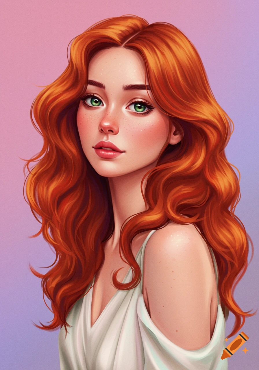 A woman with long red hair and green eyes