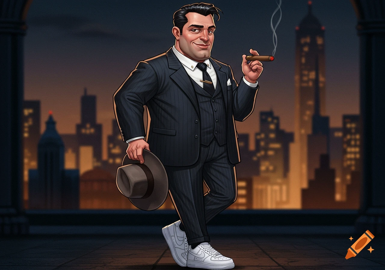 Cartoon man in a pinstripe suit and white sneakers, holding a hat and smoking a cigar on a rooftop overlooking a city.