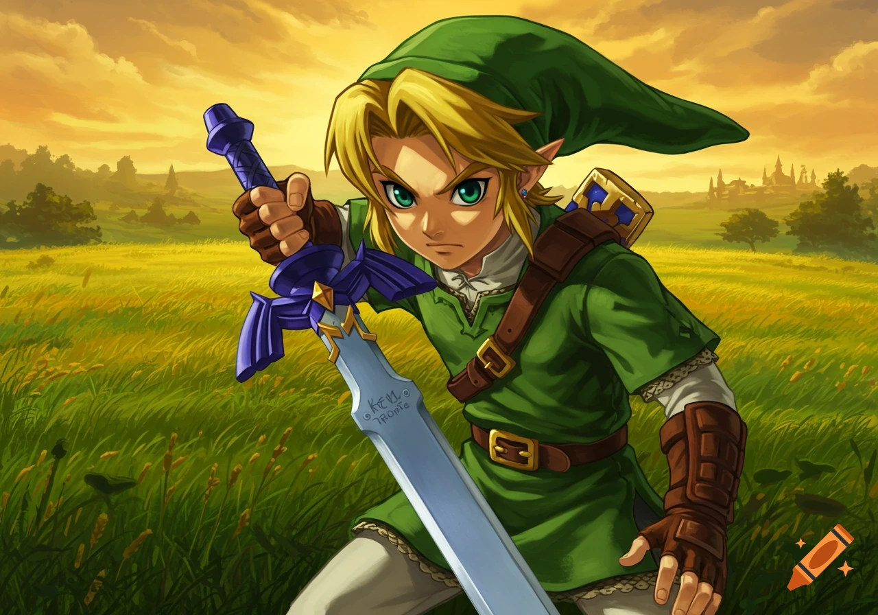 Link holding the Master Sword in a field at sunset.