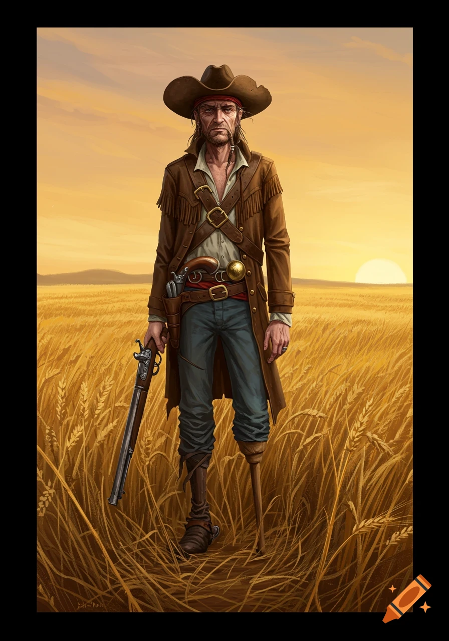 A cowboy-pirate with a peg leg stands in a golden grain field at sunset holding a rifle.