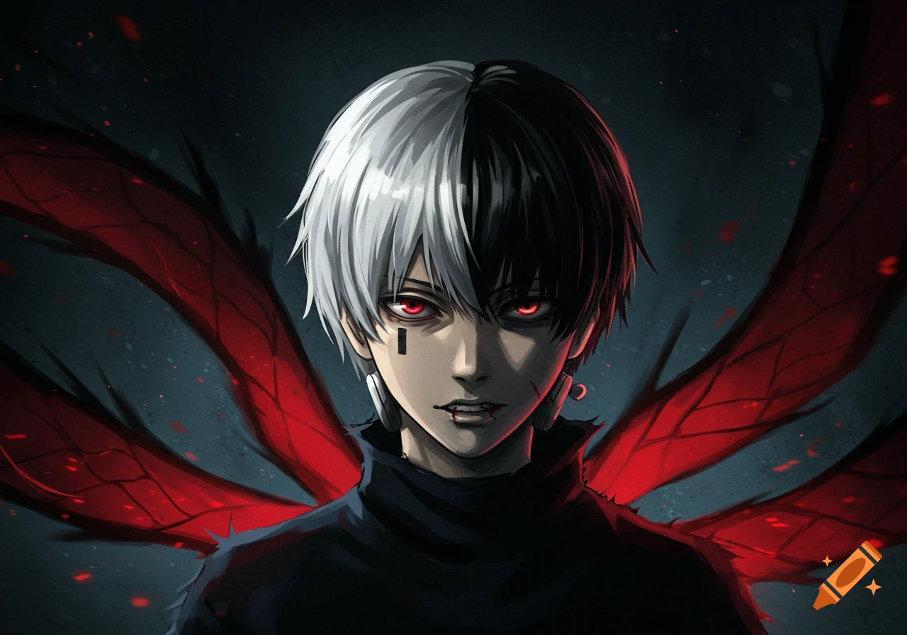 An anime character with split black/white hair, red eyes, and red tendrils.