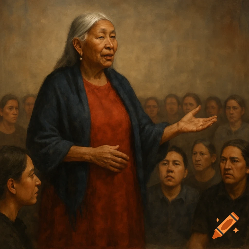 An elder woman speaking to a group of people