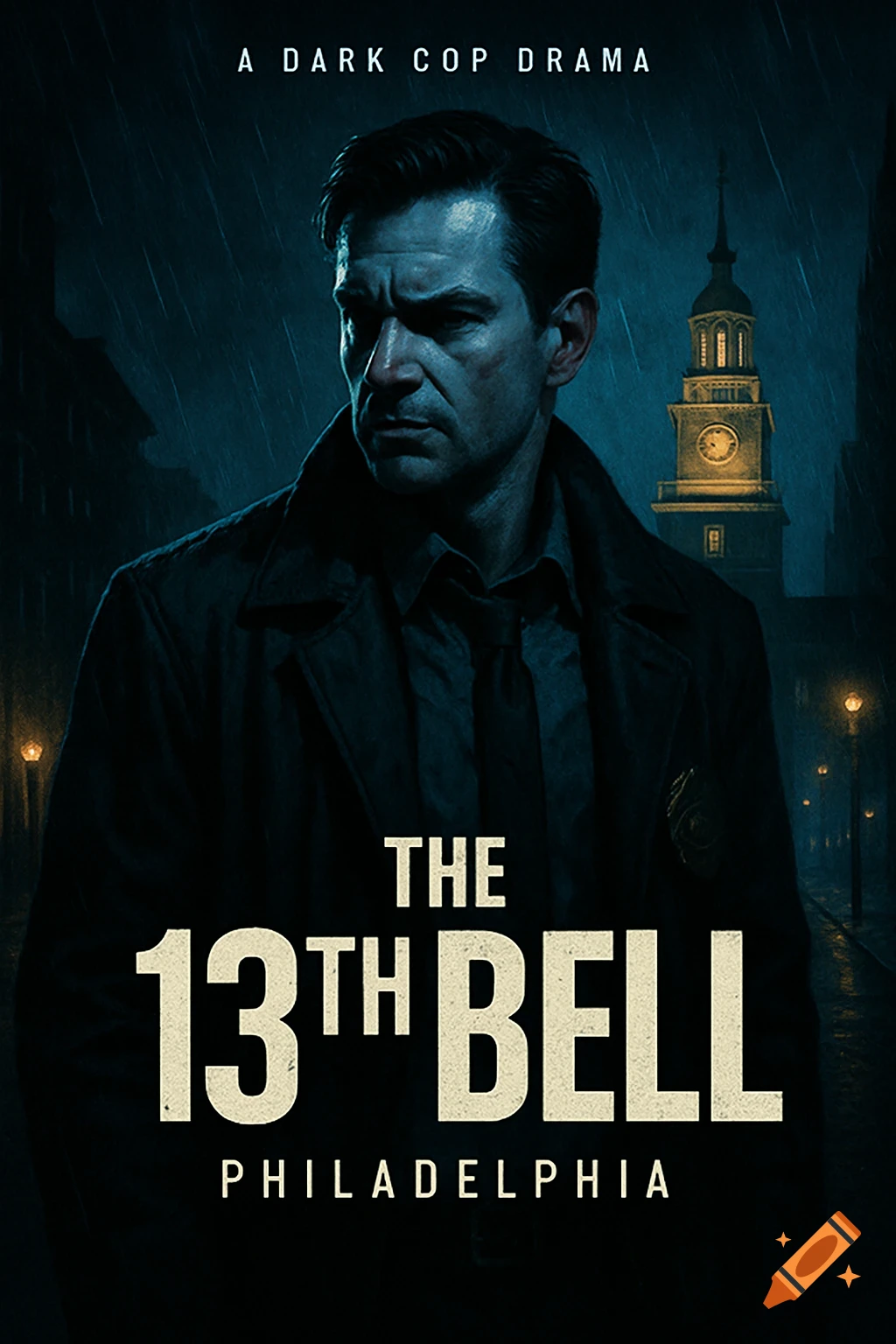 Poster for a dark cop drama showing a man in a coat on a rainy Philadelphia street at night.