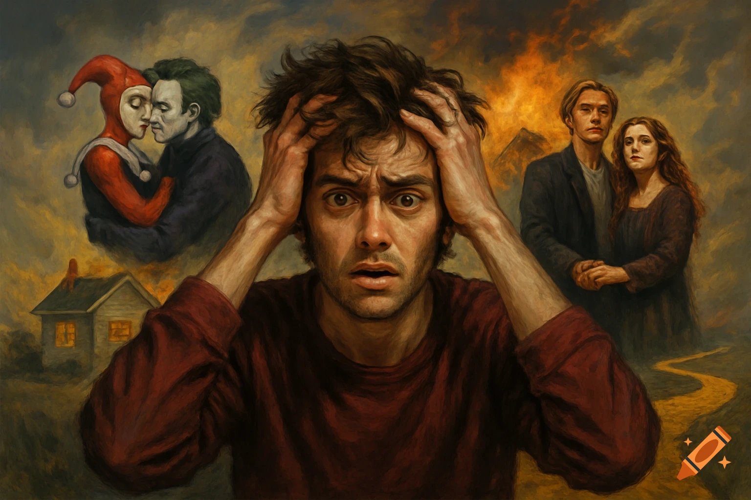 A man clutching his head in distress, with symbolic figures including Joker and Harley Quinn, a couple, and a burning house in the background.