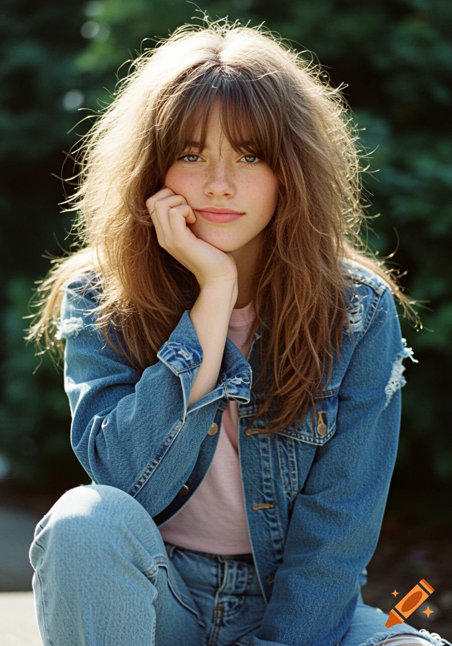 A portrait of a young girl with freckles and messy hair, wearing a denim jacket and t-shirt, posing outdoors.