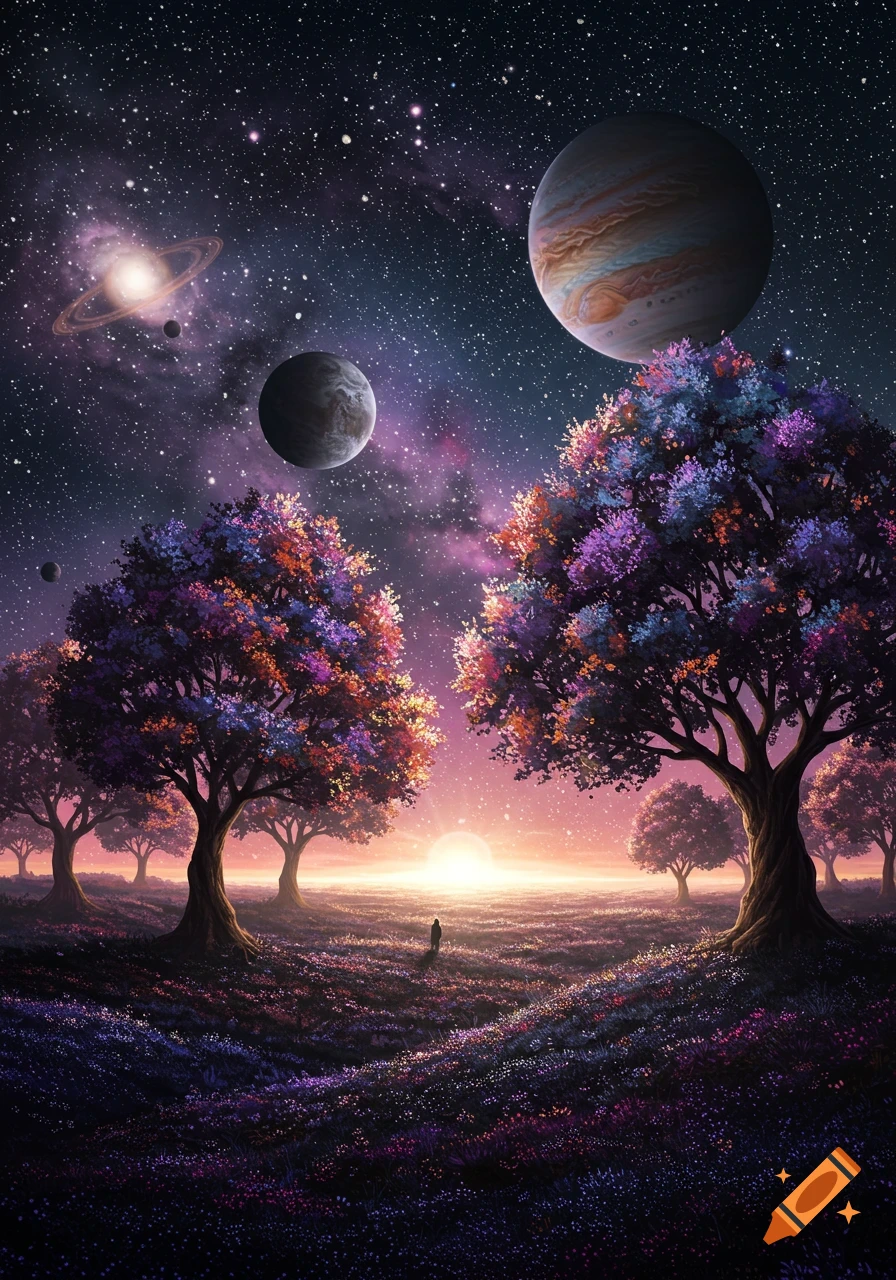 A fantasy landscape with giant glowing trees, a field of flowers, planets, and stars under a bright sun on the horizon.