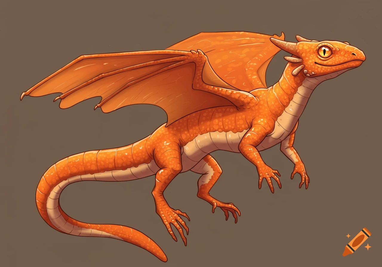 An orange cartoon dragon with wings.