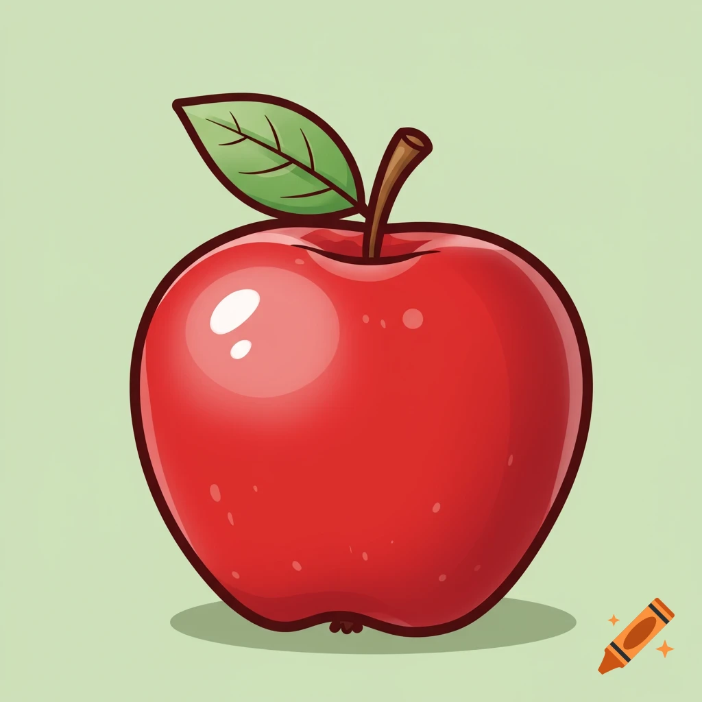 Cartoon style red apple with a leaf on a light green background.