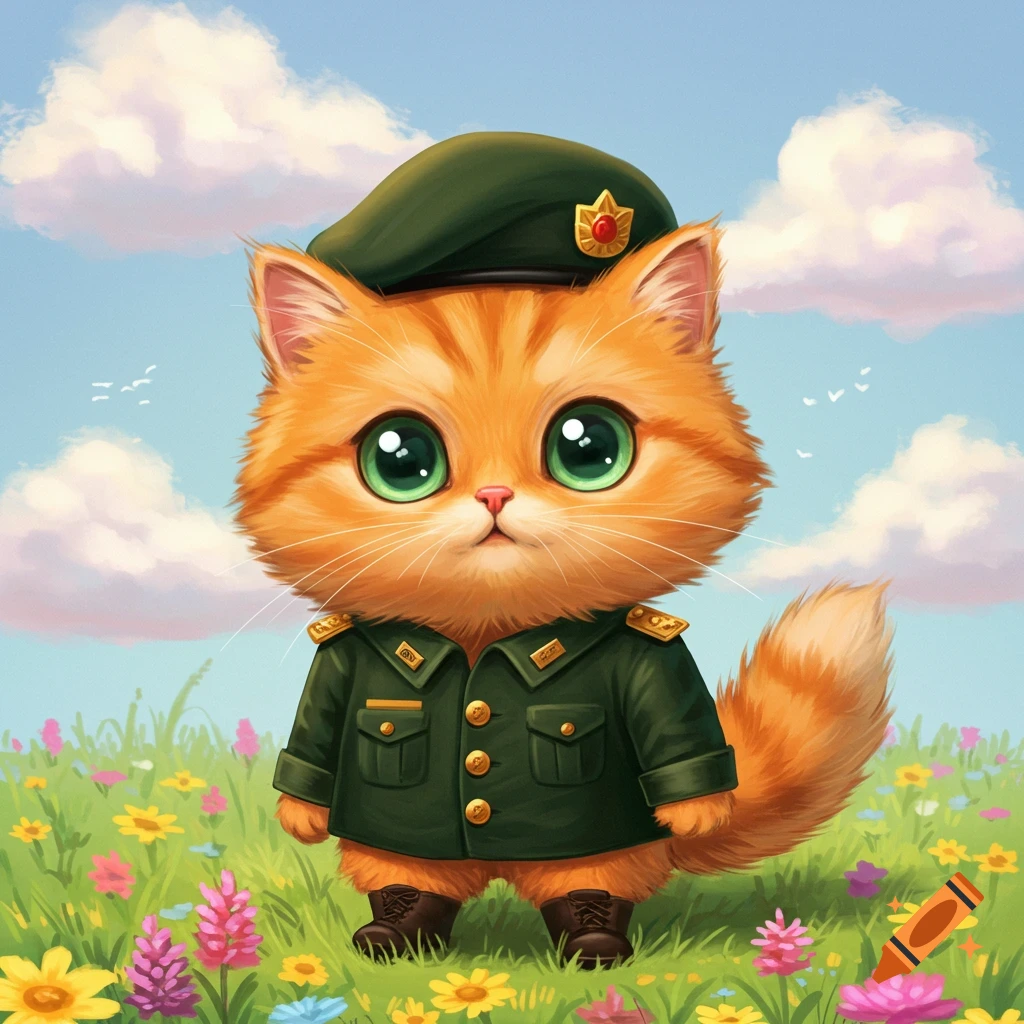 Cute orange cat in a green military jacket and hat standing in a flower field