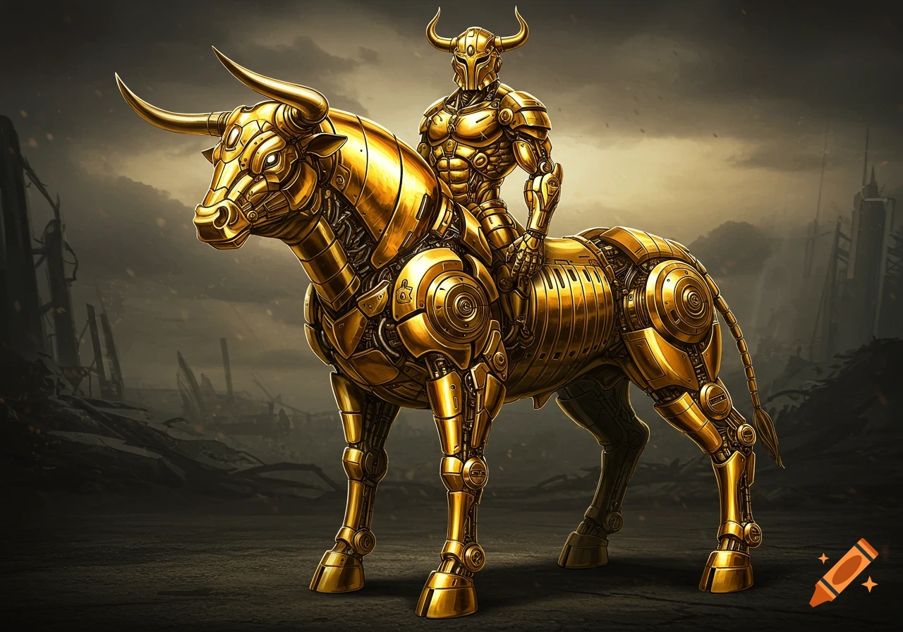 Golden robot rider on a mechanical bull in a ruined landscape.