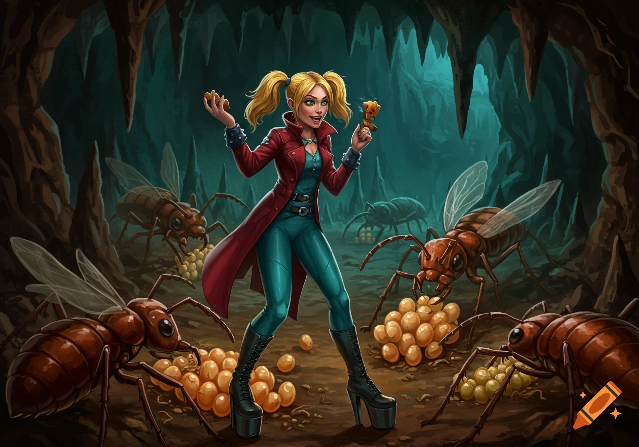 A female rogue in a fantasy cave with large ants harvesting eggs.