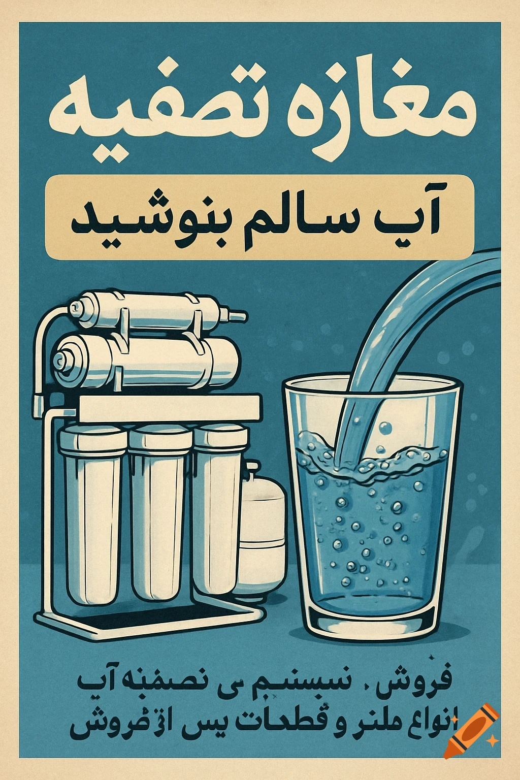 Poster showing a water filter system and a glass of water.
