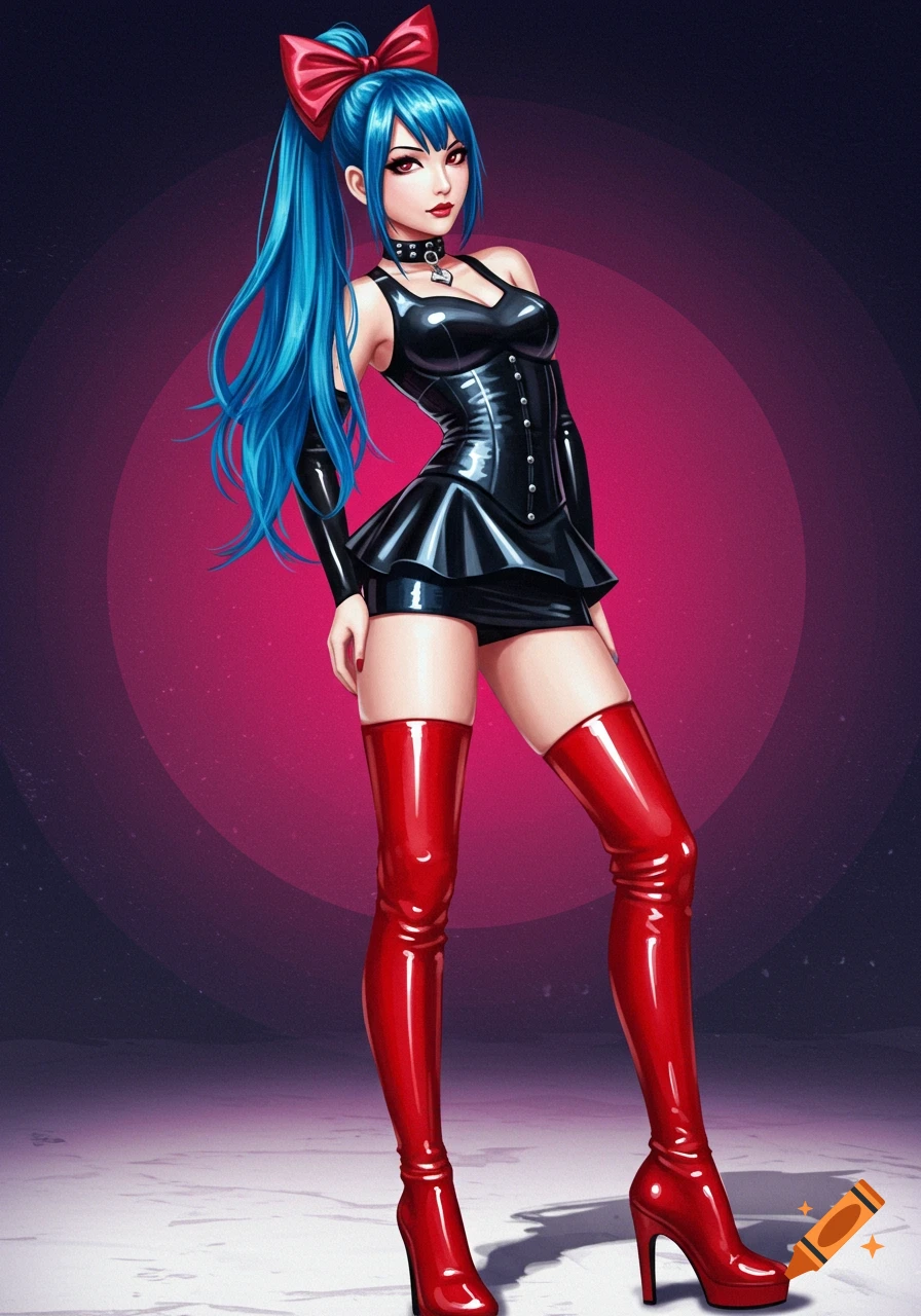 An anime woman with blue hair and a red bow is wearing a black latex dress and red boots.