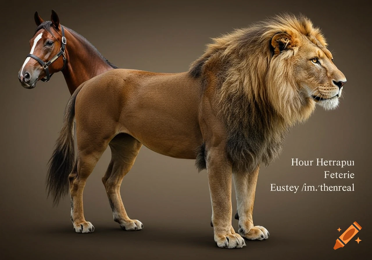 A hybrid animal with a horse head and a lion body and mane.