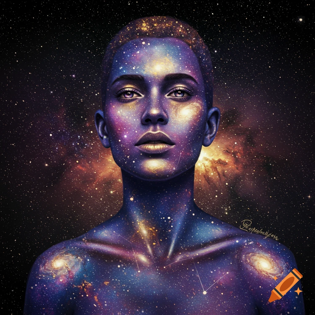 A person with skin covered in galaxies and stars.