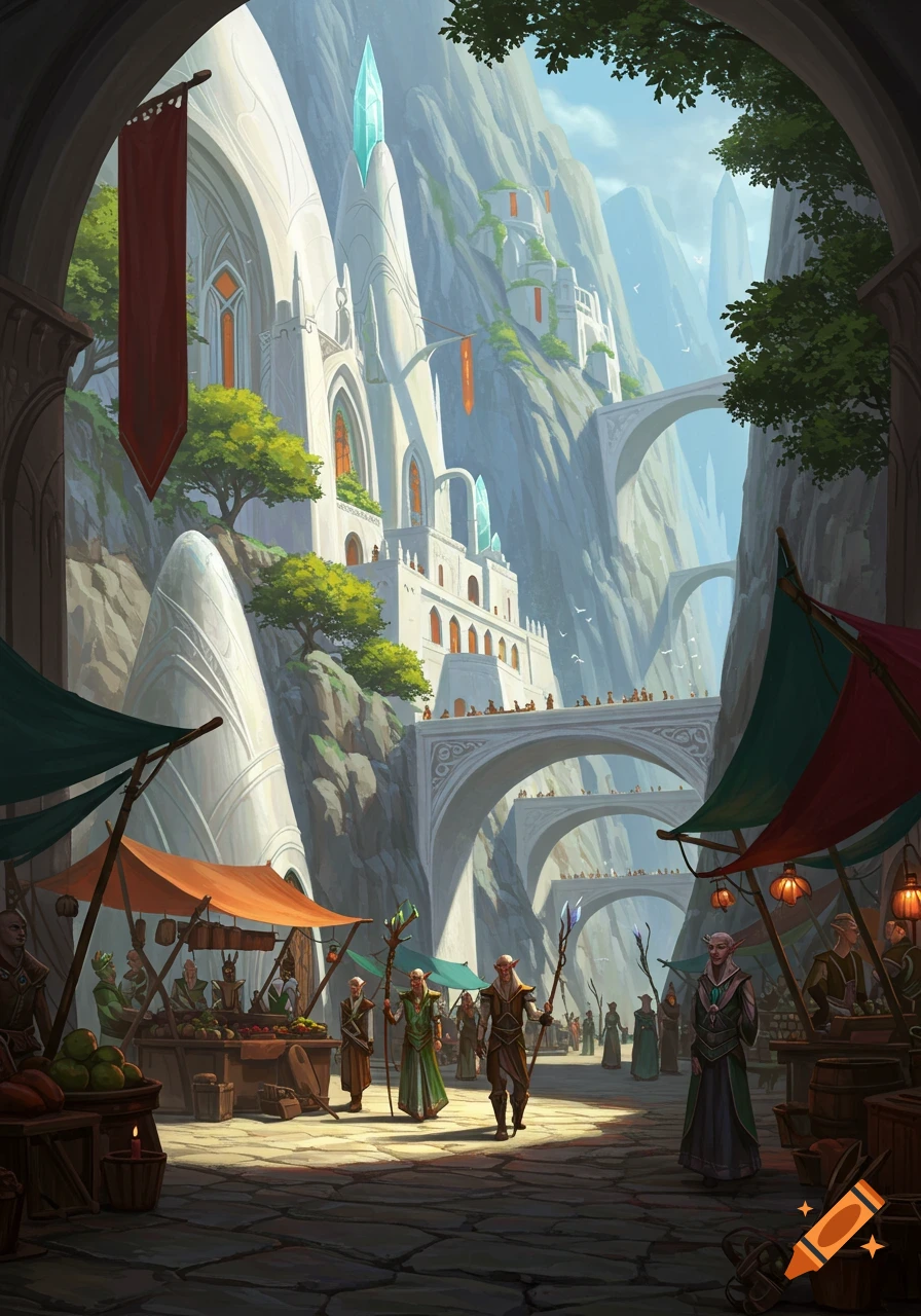 A vibrant market scene unfolds in the foreground of a fantasy elven city nestled within towering mountains.