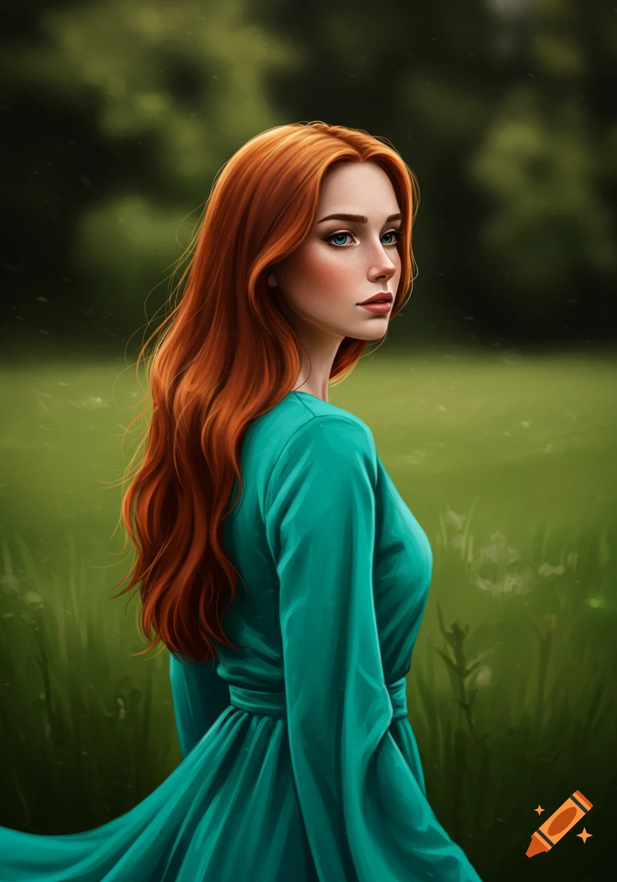 A woman with long red hair in a green dress