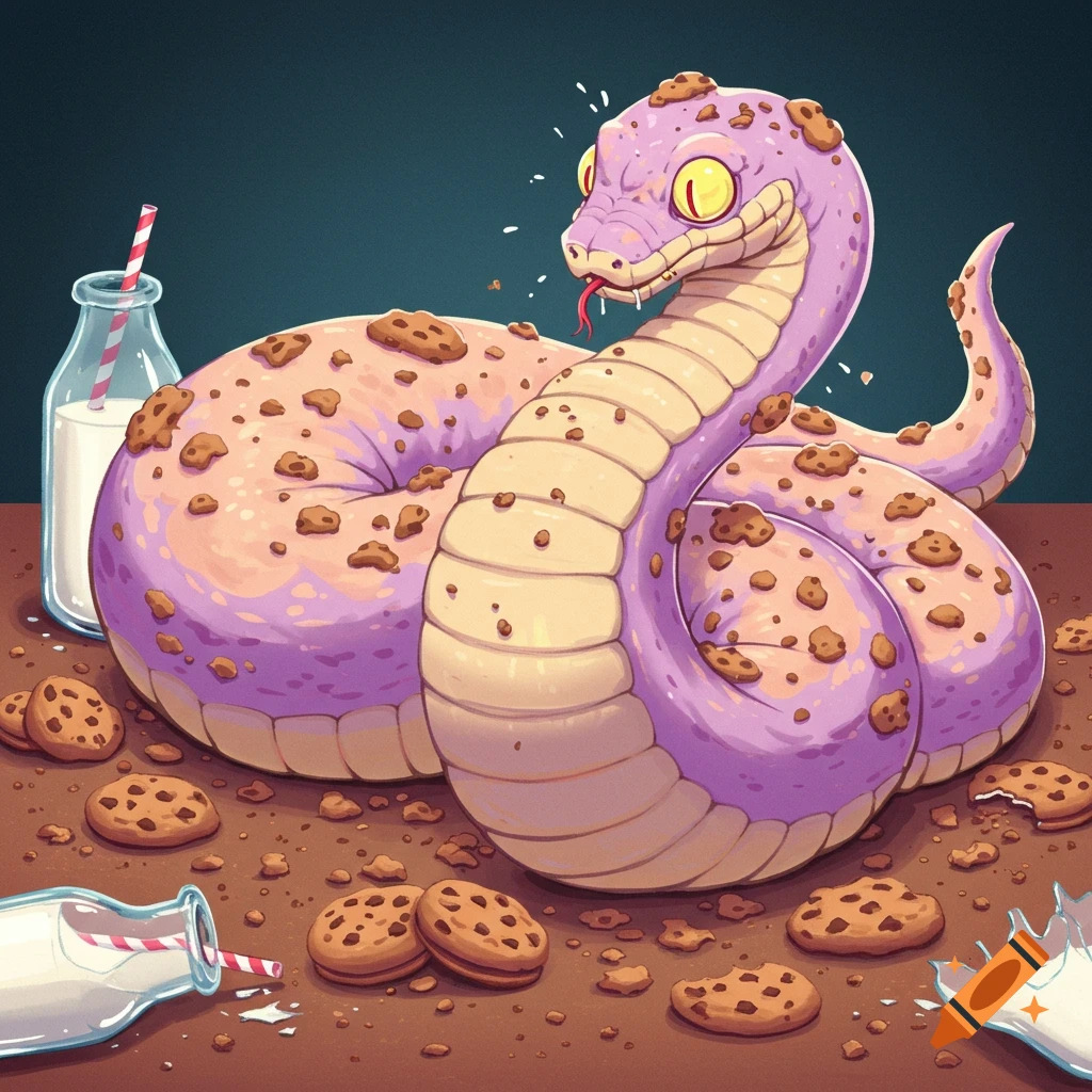 Illustration of a purple and pink snake covered in chocolate chip cookies with spilled milk and cookies on the ground.
