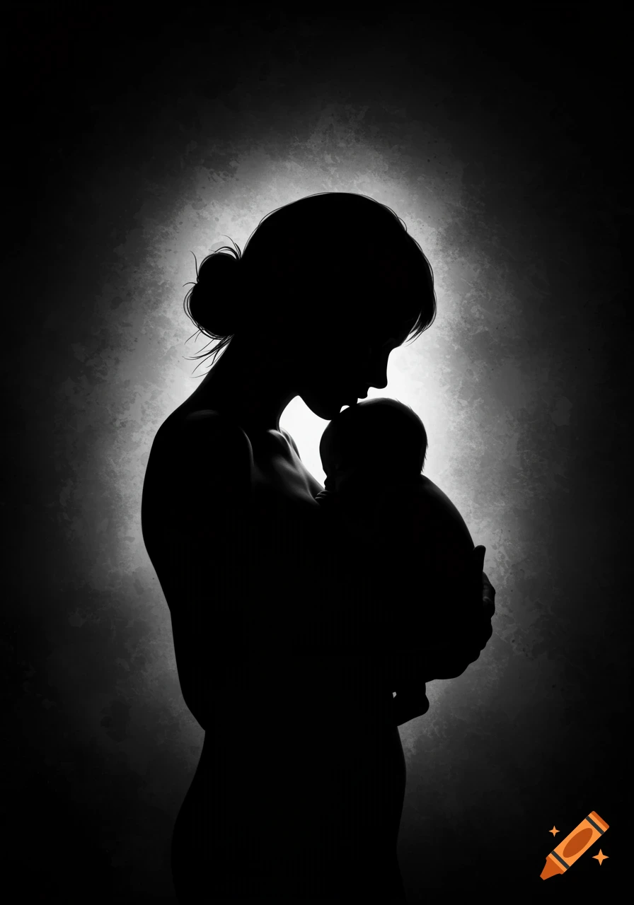 Black and white silhouette of a mother holding a baby, backlit.