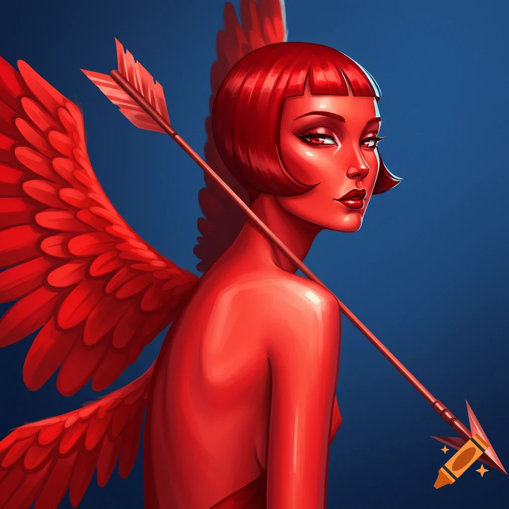 Stylized image of a red-skinned figure with red wings holding an arrow.