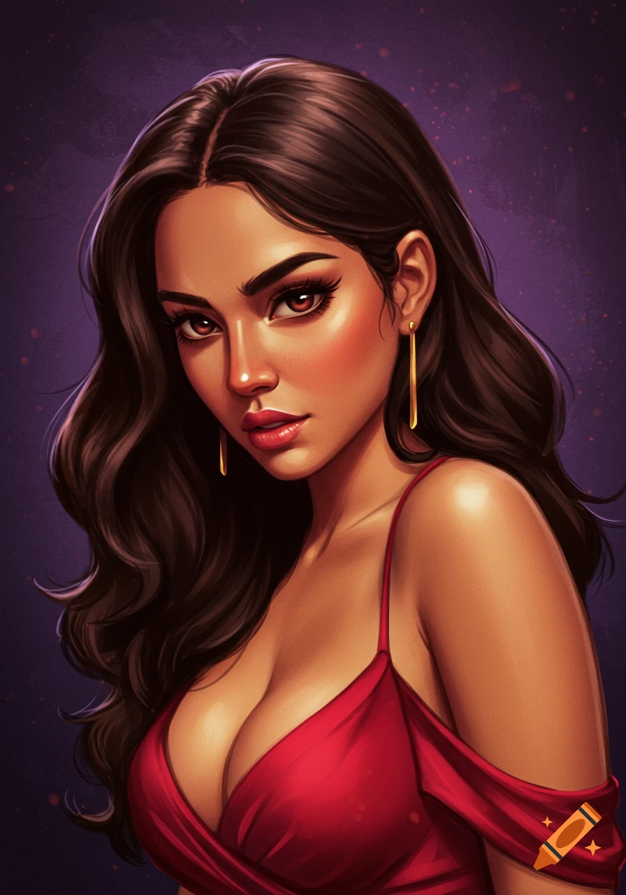 A woman in a red dress is looking over her shoulder